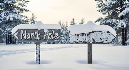 A Snowy Crossroads: Directional Signs to North Pole and Another Route Pointing Away