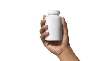 White supplement bottle mockup held in hand for health and wellness product presentation design isolated on transparent background