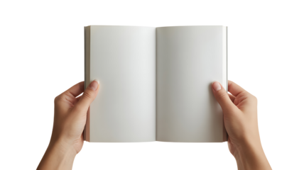 Blank book mockup template open in hands for writing design and journal presentation stationery item isolated on transparent background