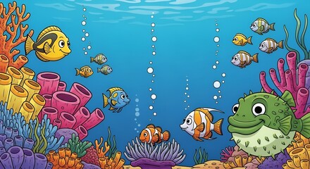 Cartoon illustration featuring diverse fish species swimming around a vibrant coral reef