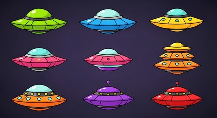 Cartoon UFO Collection: Colorful Flying Saucers on Dark Purple Space Background