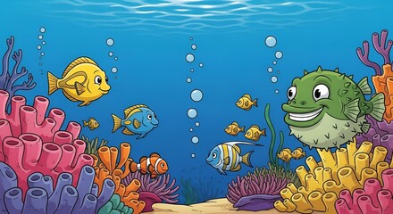 Cartoon undersea world with colorful coral reef and friendly fishes illustration