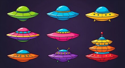 Cartoonish UFO collection with variety of spaceship designs and vibrant colors