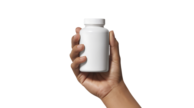 White supplement bottle mockup held in hand for health and wellness product presentation design isolated on transparent background