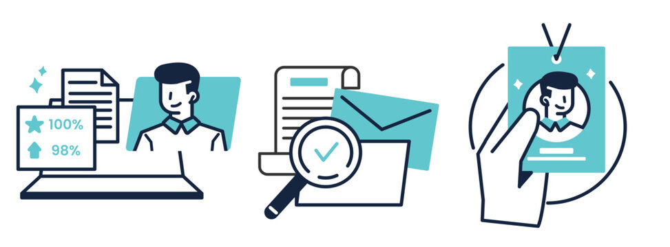Illustrations depicting recruitment process employee onboarding and identity verification.