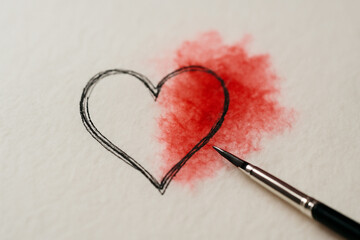 AI generated close-up hand-drawn ink heart with vibrant red watercolor bleeding into it on textured paper, evoking emotion and creativity, ideal for artistic and romantic themes