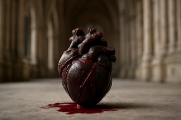 AI generated A dark gothic heart revived by blood on the floor of a cathedral with stone arches and soft lighting. Captivating textures and emotional depth create a haunting atmosphere.