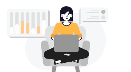 Woman Working on Laptop in Armchair with Data Visualization.