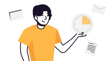 Person managing time effectively with clock and documents around.