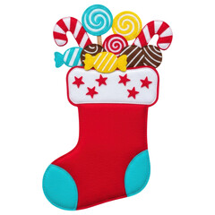 Bright red christmas stocking stuffed with colorful felt holiday sweets on transparent background
