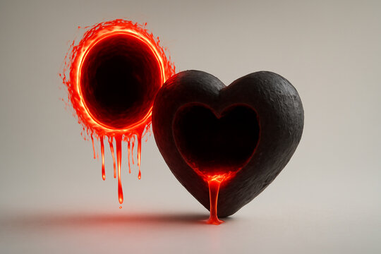 AI generated hollow heart with a glowing red portal dripping fiery energy into the heart. Stunning lighting and realistic textures capture a sense of mystery and intensity.