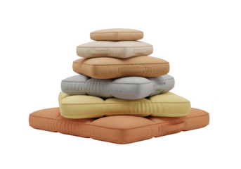 Stack of colorful floor cushions and pillows piled up in a pyramid shape isolated on transparent background