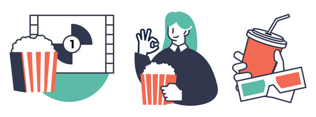 Movie night essentials: popcorn drink 3D glasses and a film reel. © NurArif