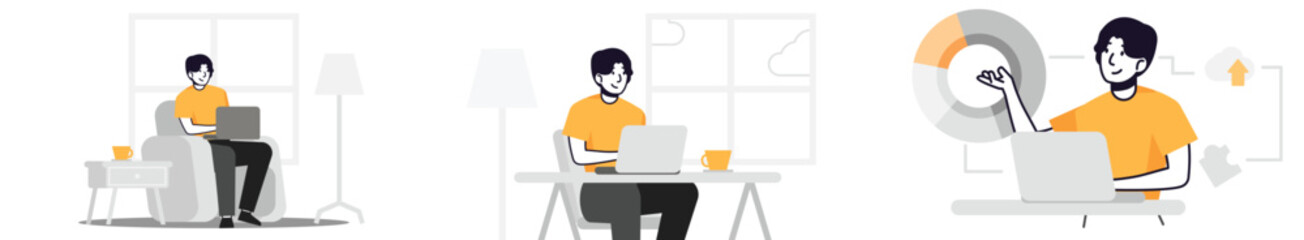 Illustrations of a man working on a laptop showcasing productivity and technology.
