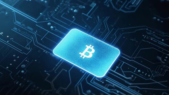 Digital Bitcoin: A close-up view of a digital circuit board with a glowing Bitcoin symbol embedded within a virtual keypad, symbolizing the technological advancement of crypto.