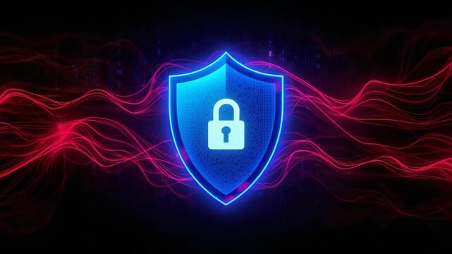 Cybersecurity Shield: A digital shield with a padlock, symbolizing the protection of digital data from cyber threats, surrounded by abstract, pulsating, and energized lines.