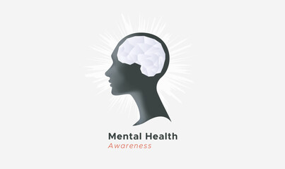 Minimalist Mental Health Awareness vector featuring a human head profile silhouette with an illuminated brain. Symbolizes clarity, focus, healing, and inner peace. Ideal for wellness campaigns. Health