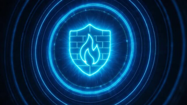 Digital Sentinel: A neon shield, featuring a fiery emblem, pulsates with energy, symbolizing robust cybersecurity and network protection. 