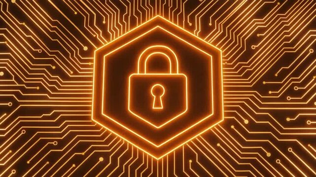 Cyber Fortress: A glowing lock symbol encased within a hexagonal frame, representing robust security on a digital circuit board, symbolizing protection and safeguarding sensitive data.