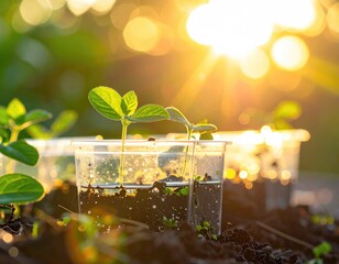 Seedlings sprout in containers; sun shines
