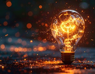 Glowing lightbulb w/ spark effect & bokeh lights backdrop