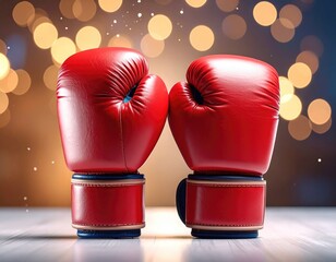 Red boxing gloves touch, bokeh lights back