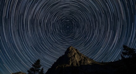 Stunning star trails over mountain peak with the north star centerpoint