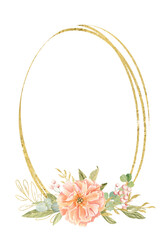 Peony flowers in peach tones, green leaves, berries watercolor frame isolated on white. Hand-painted with golden detail, perfect for wedding invitations, branding, packaging, fabric design, cards