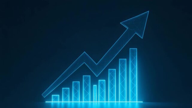 Financial Ascent: A neon chart, with bars and an arrow illustrating exponential growth, symbolizes business progress and upward trajectory.