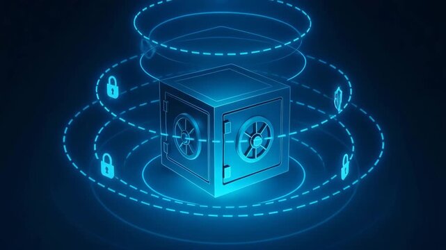 Digital Fortress: A robust vault, safeguarded by layers of encrypted security, symbolizes the protection of sensitive digital assets.