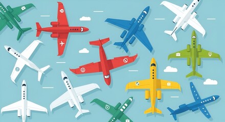 Various Colorful Airplanes Vector Illustration on Blue Background for Transportation