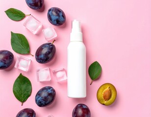 Bottle, plums, ice, leaves. Pink background. Flat lay