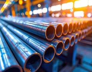 Stacked metal pipes shimmer in an industrial space