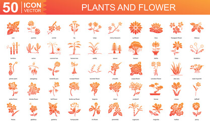 plants and flower icon collection set. Containing rose, jasmine, orchid, lily, tulips, cherry blossoms, sunflower, lotus icon