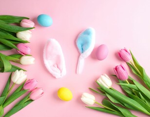 Easter decor, tulips, dyed eggs, bunny ears on pink