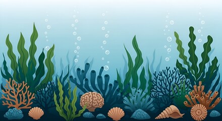 Vibrant underwater marine life illustration featuring coral, seaweed and seashells