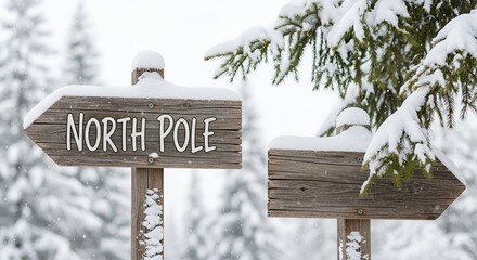Winter wonderland scene featuring a charming north pole wooden direction sign