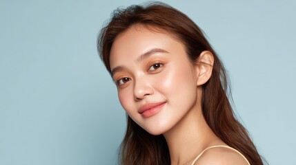 High Resolution Beauty Portrait of a Southeast Asian Woman With Natural Glow and Pastel Blue Background
