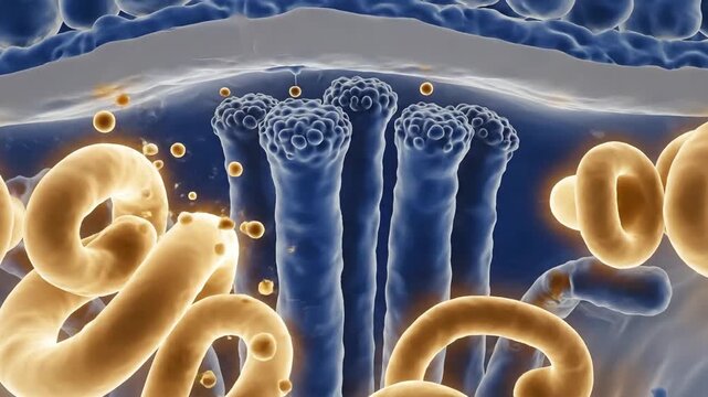 Animated 3D visualization of endometrial glands with simple columnar epithelium and uterine structures.