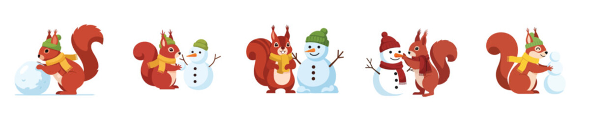 Playful Squirrels Building Snowman Vector Illustration