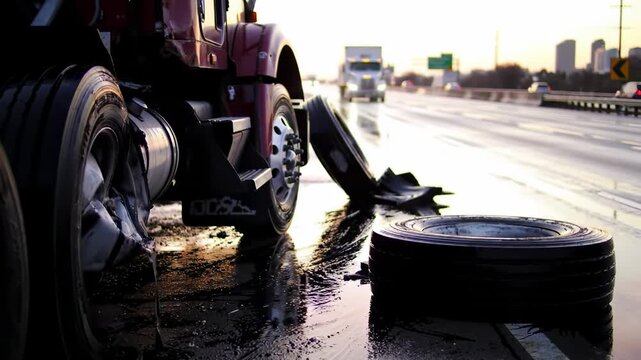 Semi-truck on highway, detached tire on road after an accident. Morning or evening light, wet asphalt, blurred background. City skyline
