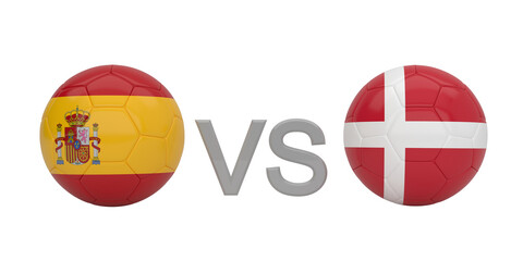 Naklejka premium Football match confrontation between Spain and Denmark national teams with flags on soccer balls