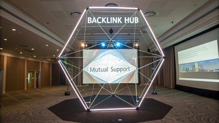 Modern geometric structure with lights and digital display for networking event in a stylish indoor conference setting
