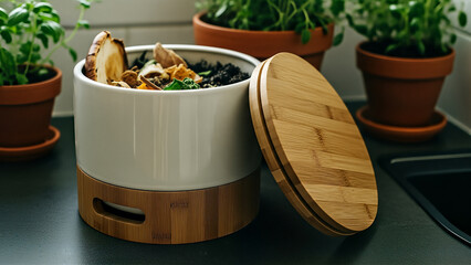 Ceramic and bamboo compost bin filled with food scraps on a kitchen counter with potted plants.