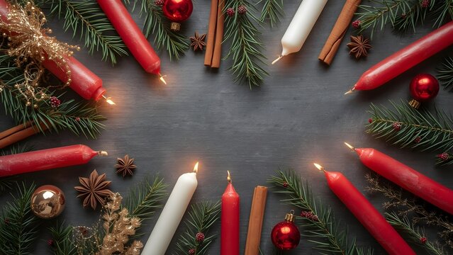Festive christmas background with burning candles and holiday decorations