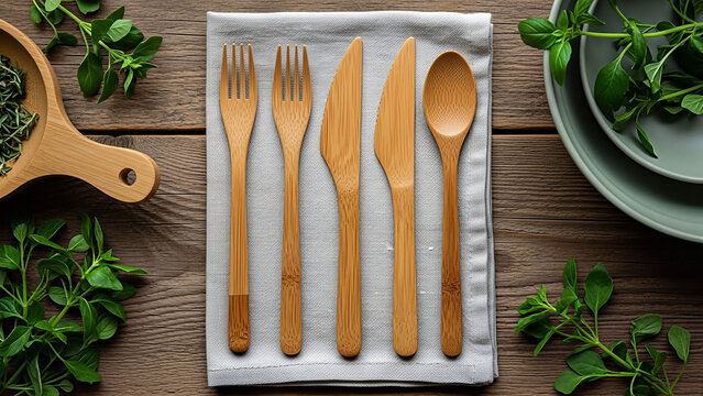 EcoFriendly Bamboo Cutlery Set on Rustic Wooden Table with Fresh Green Herbs and Ceramic Plates. - Powered by Adobe