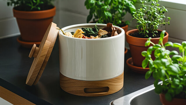 Ceramic compost bin with wooden lid on a kitchen counter surrounded by potted herbs.