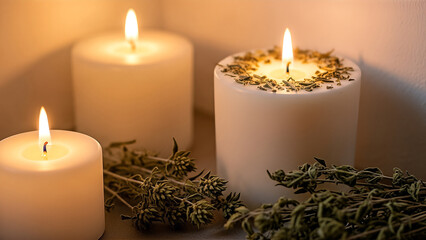 Three lit candles with dried herbs creating a warm cozy ambiance.