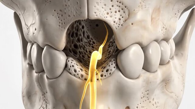 Anatomical illustration of a human mandible with mental foramen and nerve