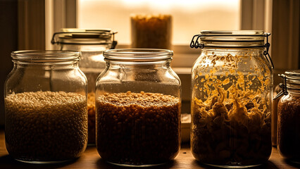 Assortment of Glass Jars Filled with Grains and Spices on a Table.